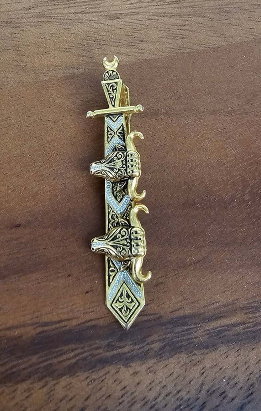 Vintage Toledo Damascene Style Sword Tie Clip Bull Heads Gold Tone Black Enamel